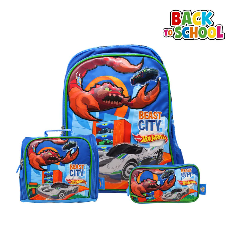 Set Escolar 3d Hot Wheels Beast City 3 en 1 Mochila Lonchera Cartuchera