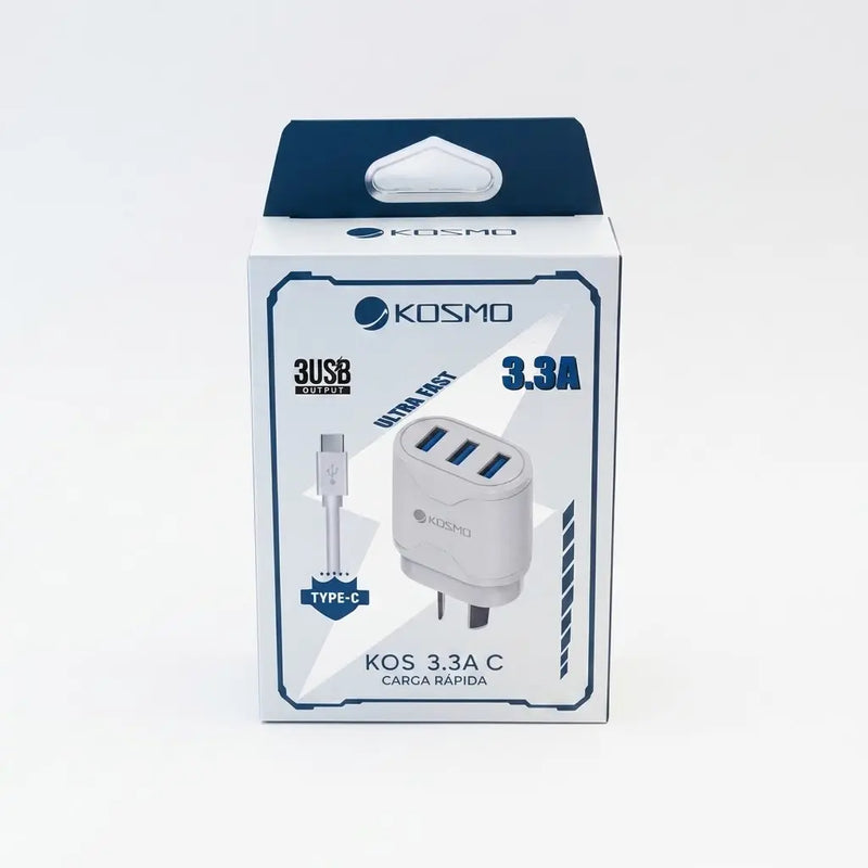 Cargador Kosmo 3.3A TIPO C 3 SALIDAS USB – Carga Rápida