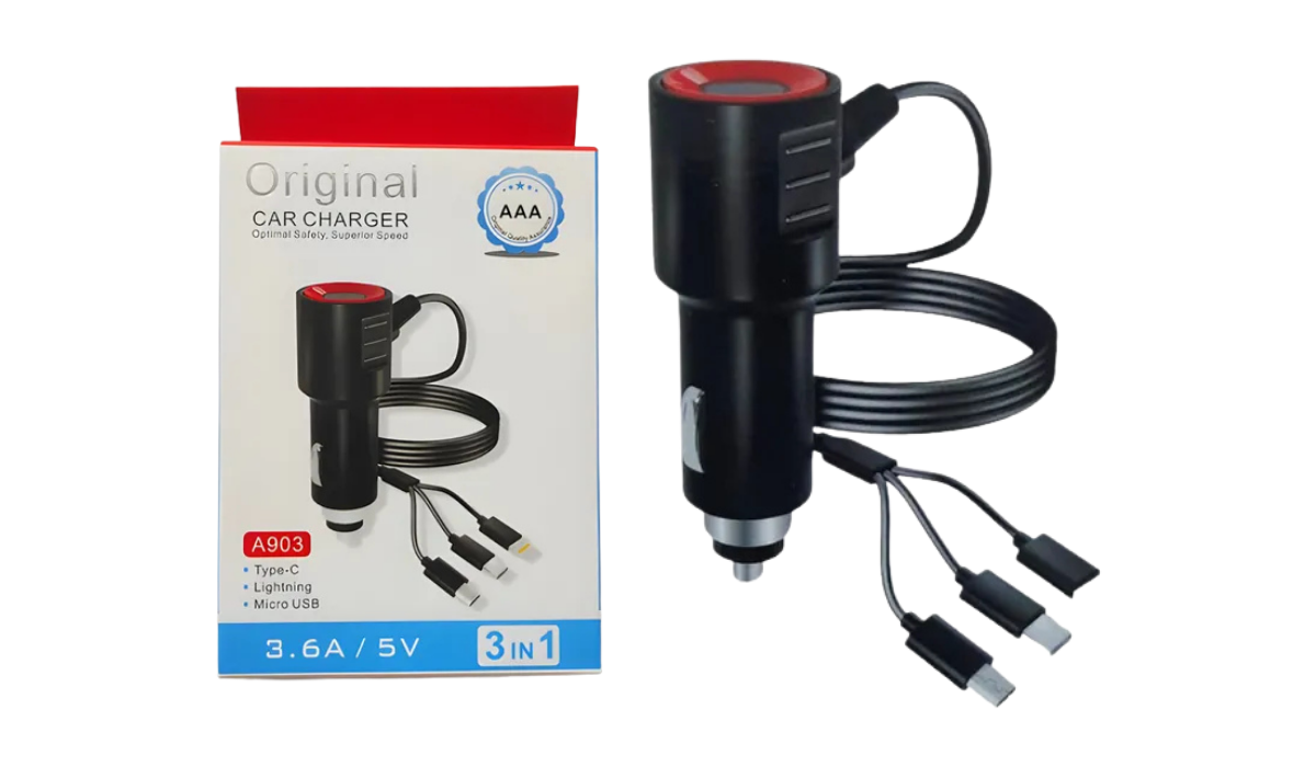 Cargador Rápido Auto 3.6A (3 en 1)